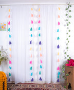 White Sheer Curtain with Multicolor Tassel Rows