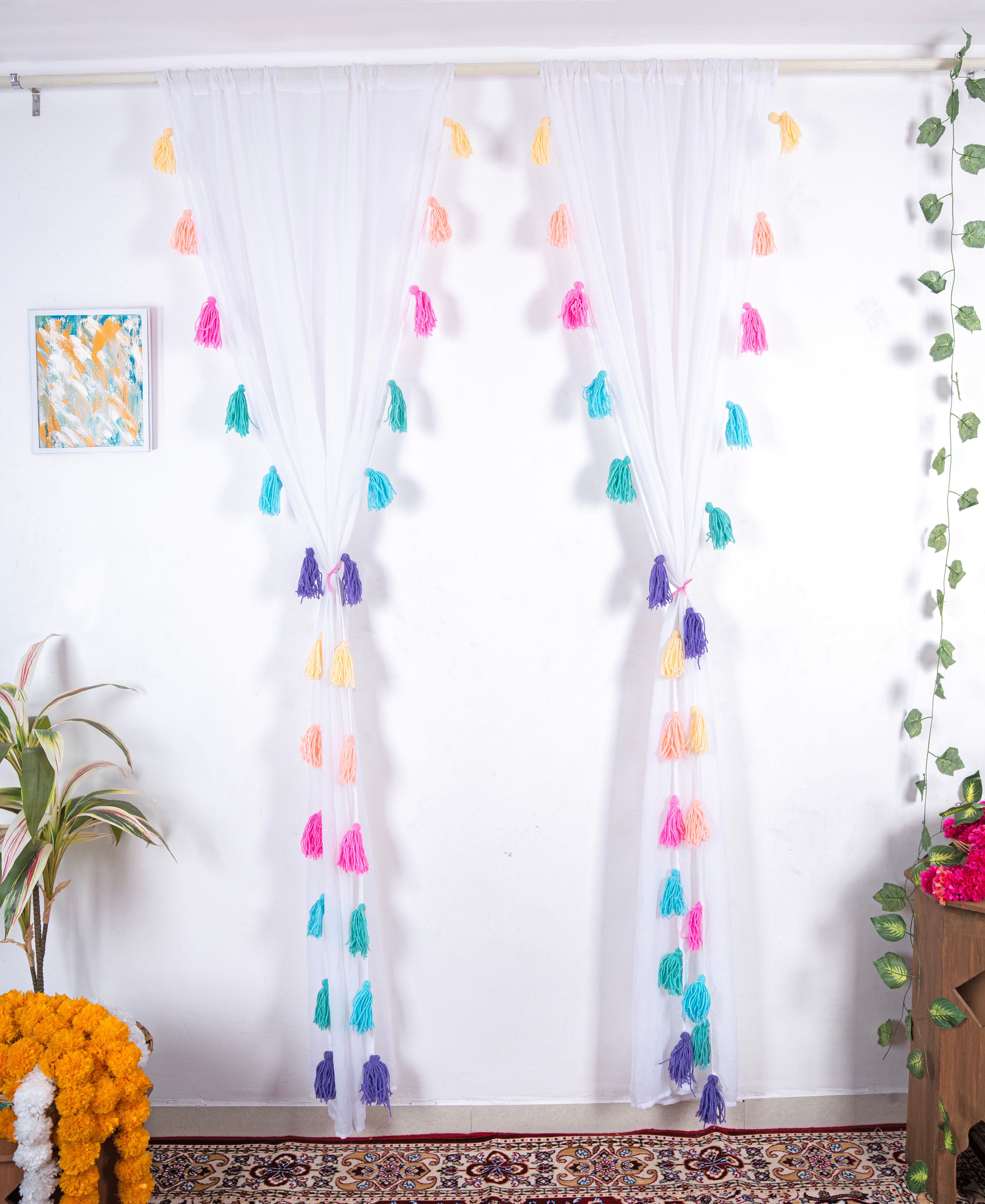 White Sheer Curtain with Multicolor Tassel Rows Secondary image