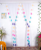 White Sheer Curtain with Multicolor Tassel Rows