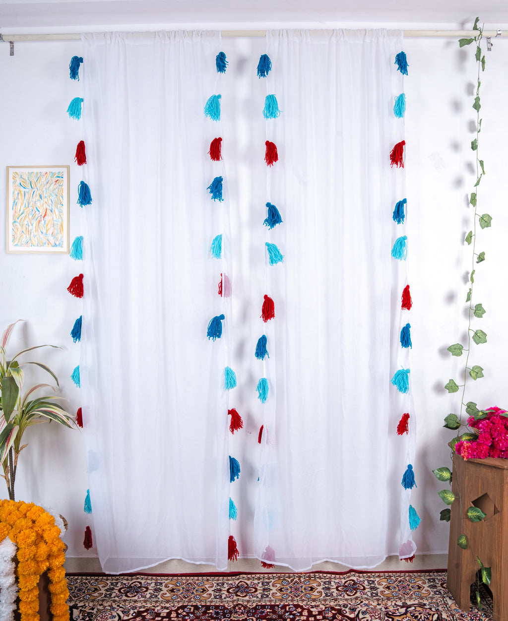 White Sheer Curtains with Blue and Red Tassels