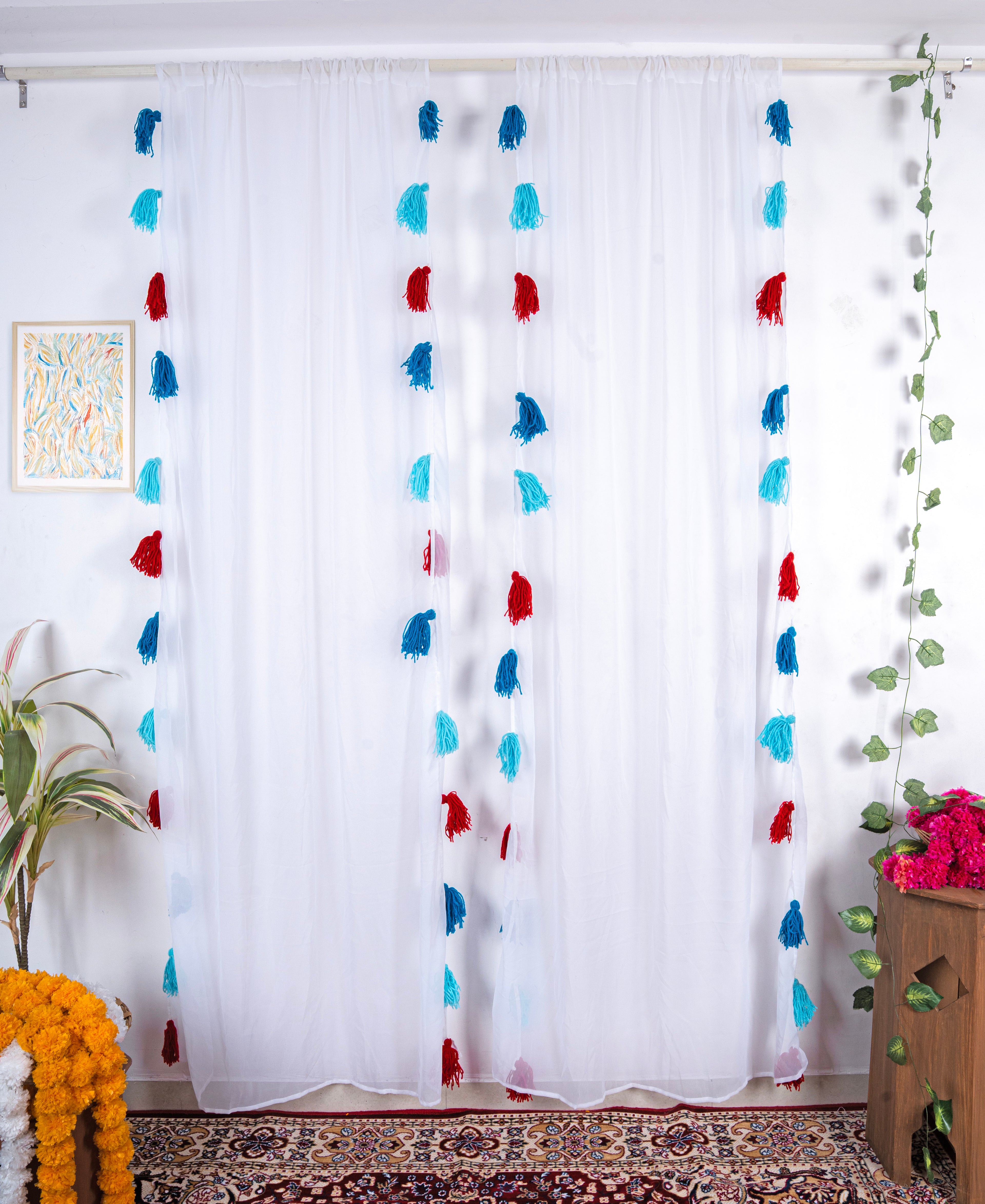 White Sheer Curtains with Blue and Red Tassels