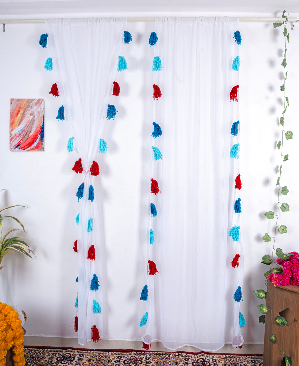 White Sheer Curtains with Blue and Red Tassels
