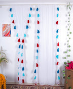 White Sheer Curtains with Blue and Red Tassels