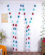 White Sheer Curtains with Blue and Red Tassels