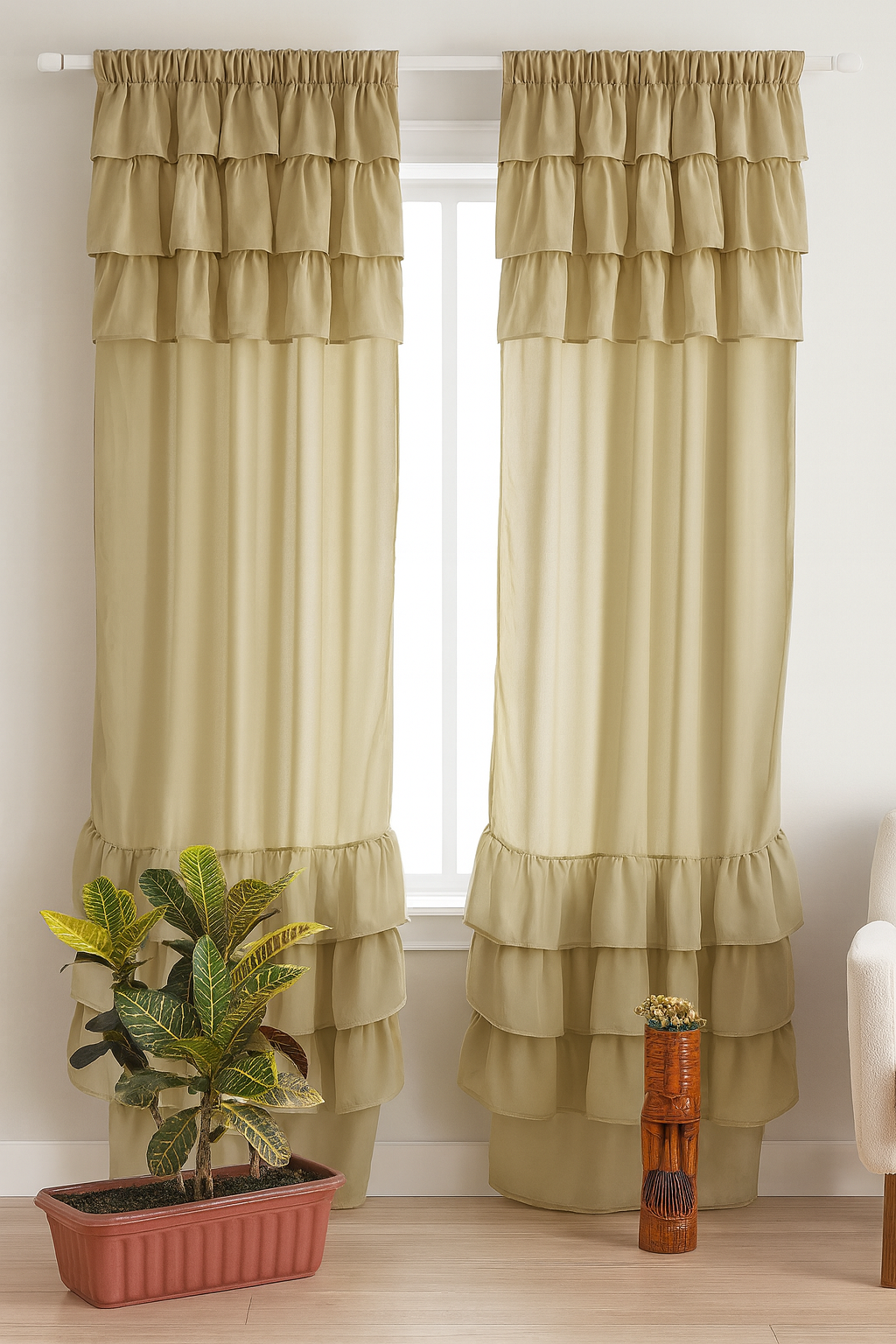 Soft Beige Solid Curtain with Elegant Layered Ruffle Detailing