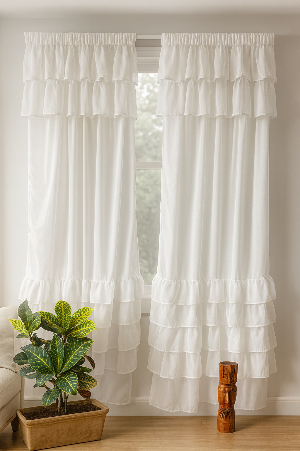 Solid White Curtain with Layered Ruffle Detailing