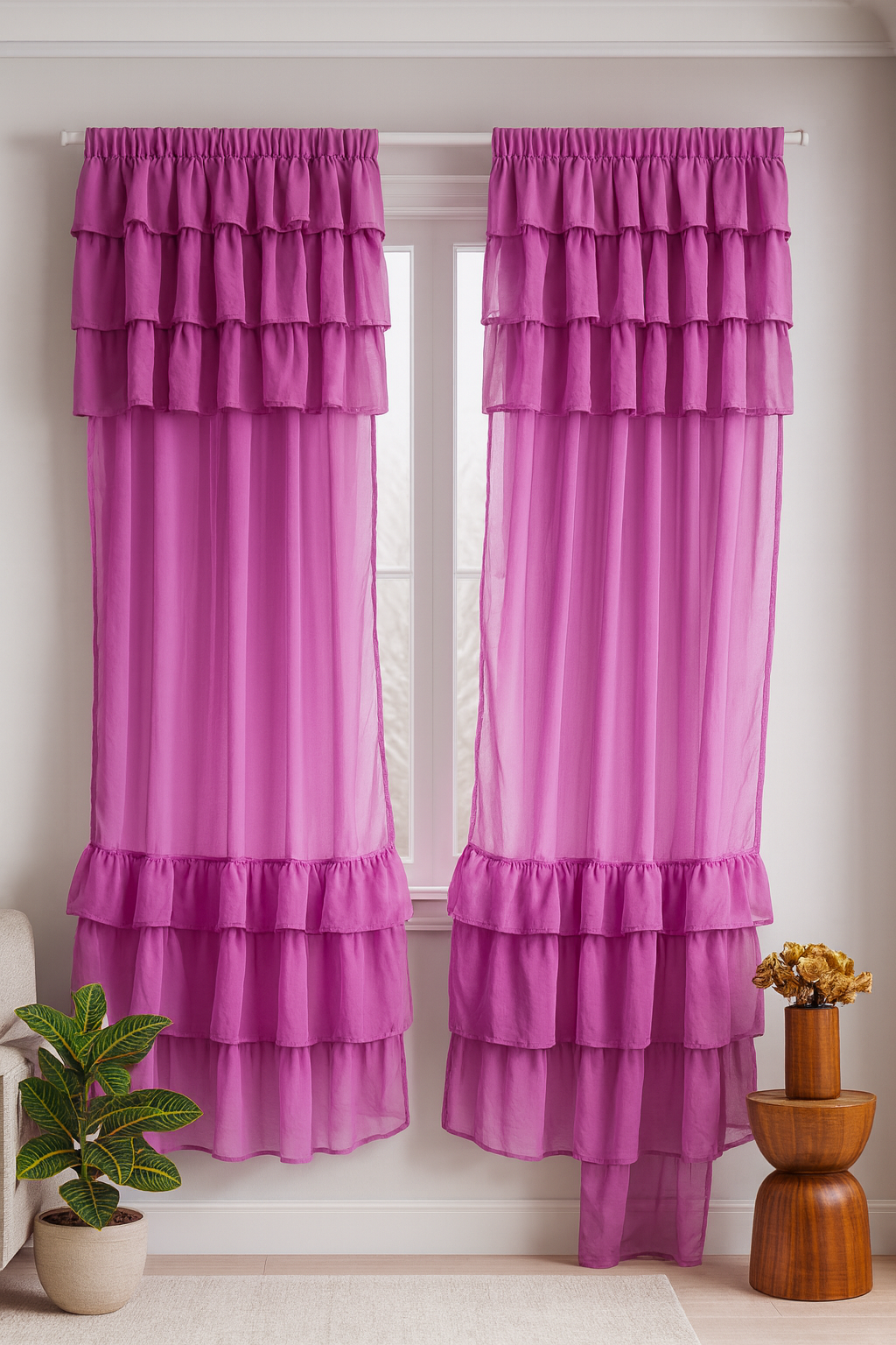 Soft Pink Solid Curtain with Layered Ruffle Detailing