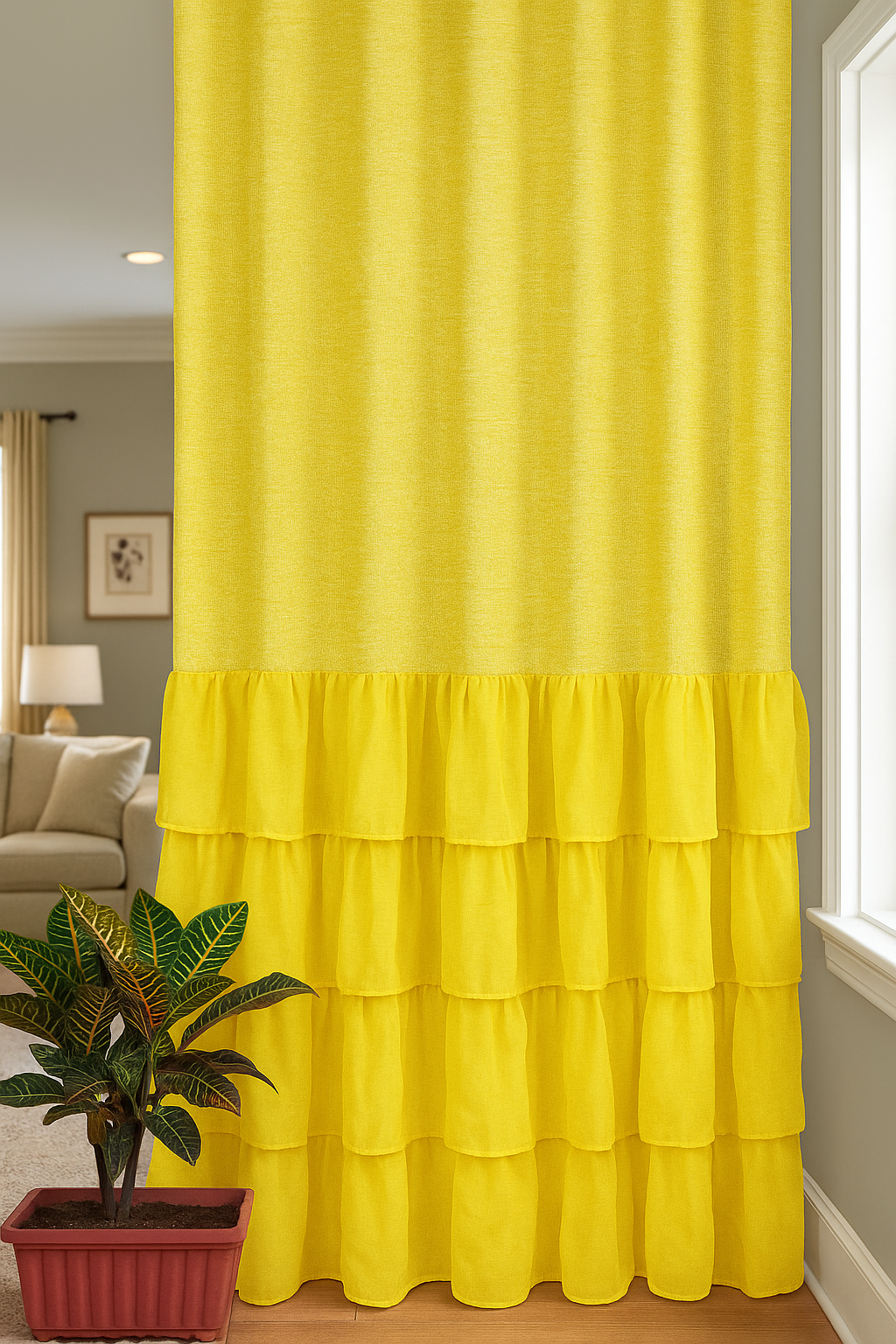 Yellow Sheer Window Curtain with Soft Layered Ruffle Design Main image