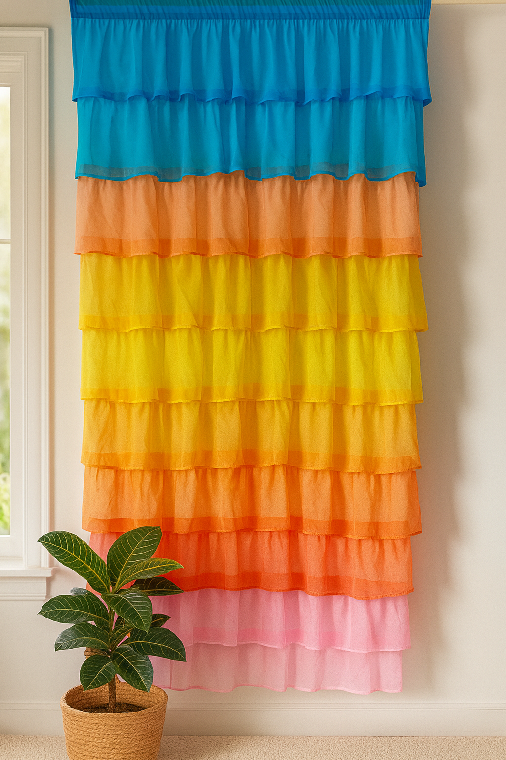 Multi-Color Layered Curtains with Blue, Yellow, Orange, and Pink Tones
