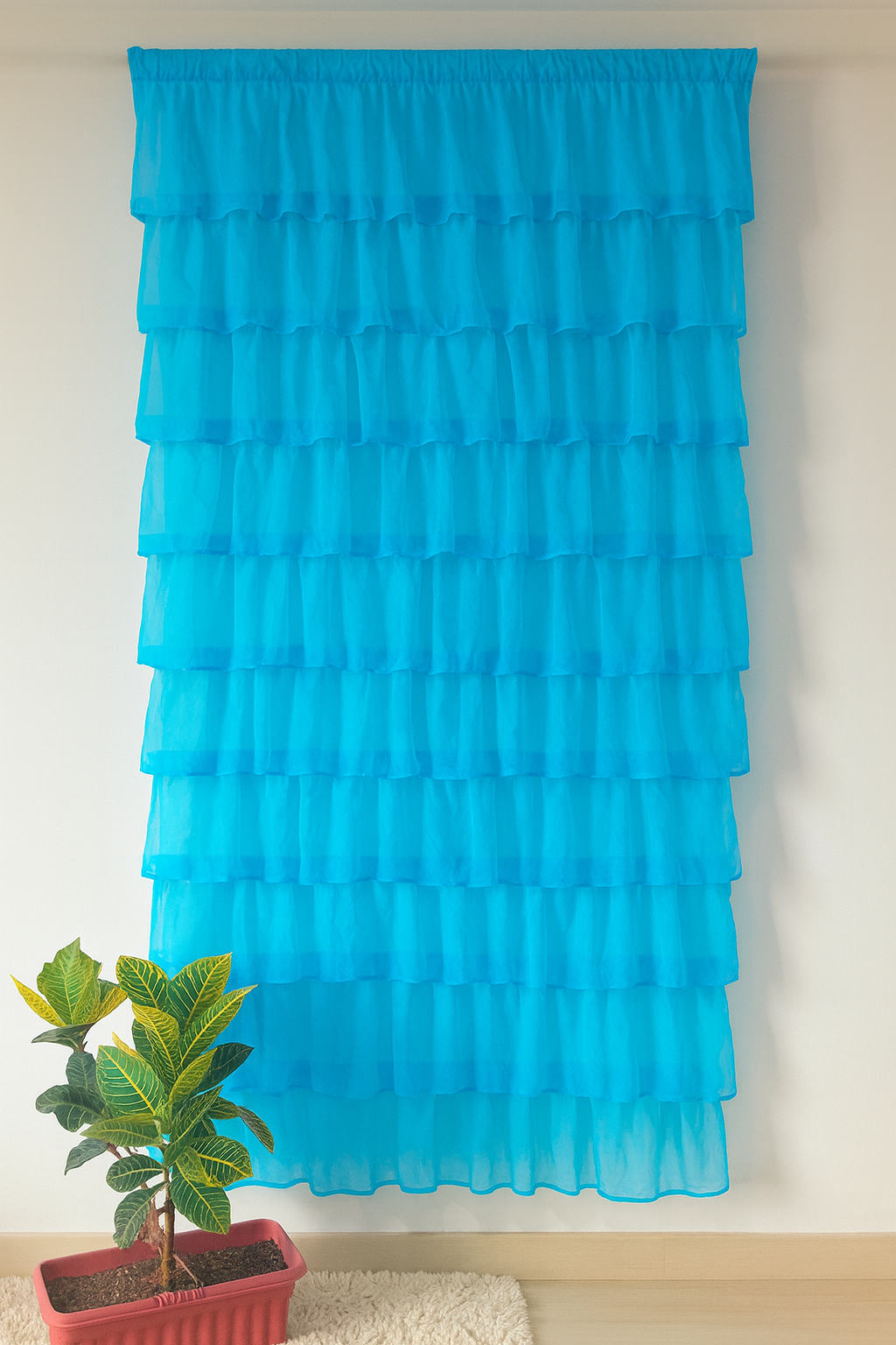 Ruffled Sky Blue Tiered Curtain Panel