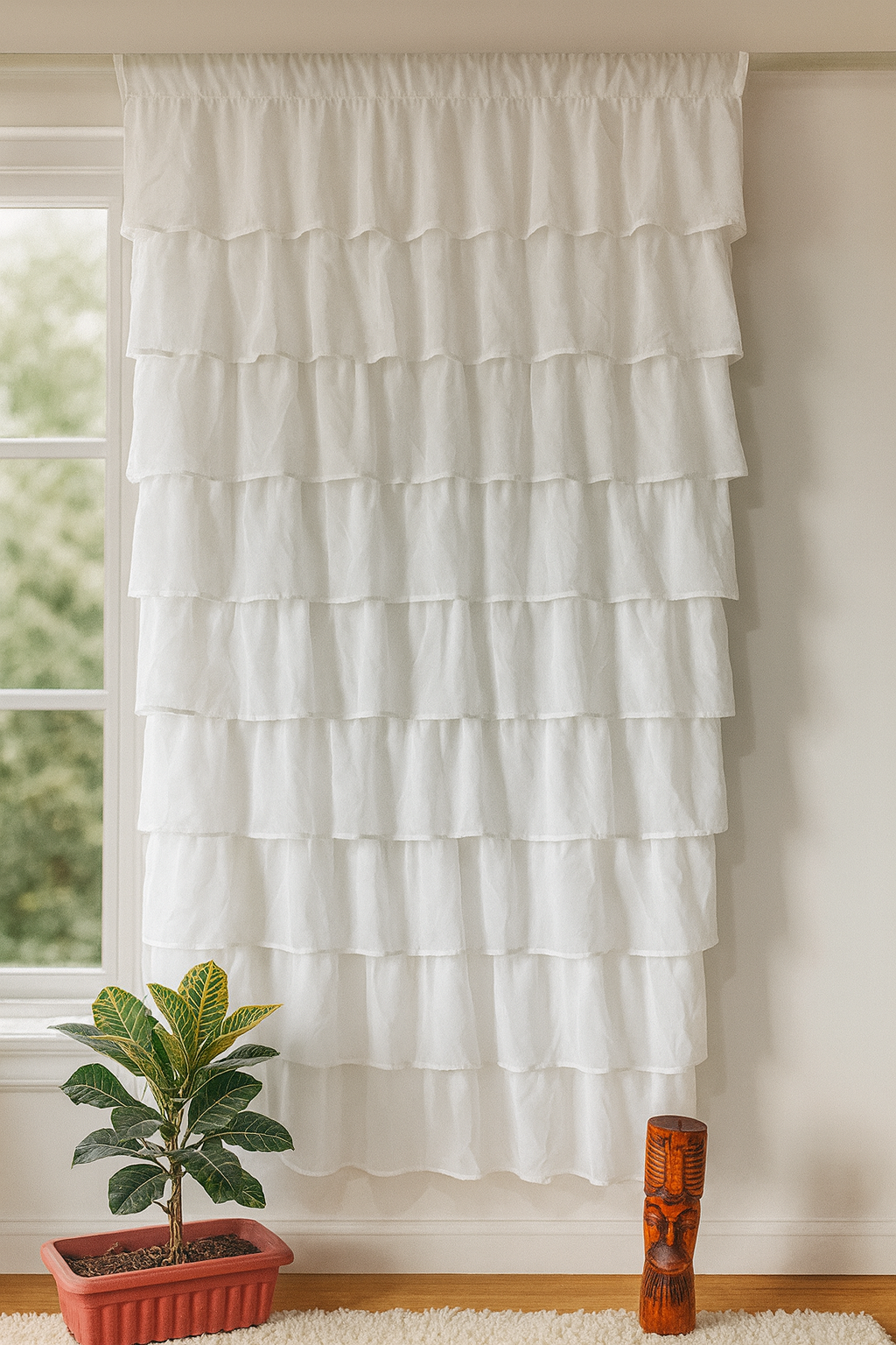 Soft White Layered Sheer Window Curtain with Elegant Ruffled Design