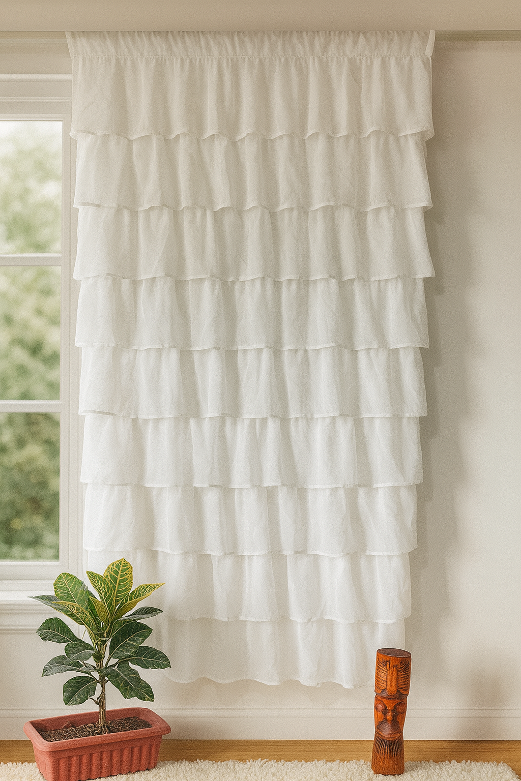 Soft White Layered Sheer Window Curtain with Elegant Ruffled Design