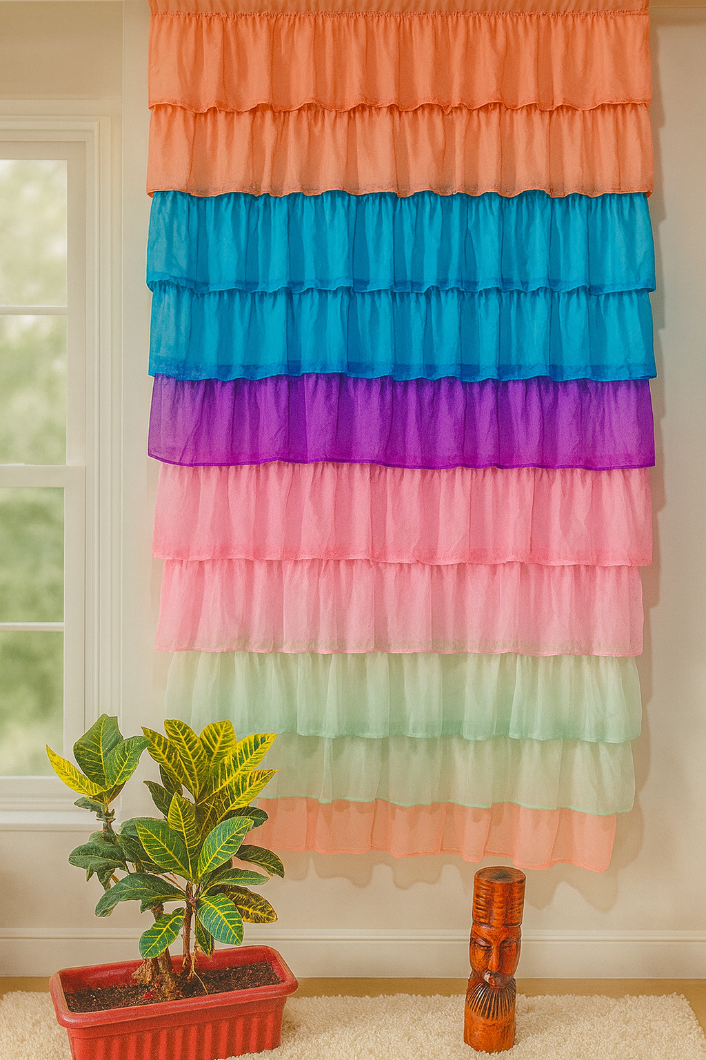 Multicolor Layered Sheer Window Curtain with Soft Ruffled Design