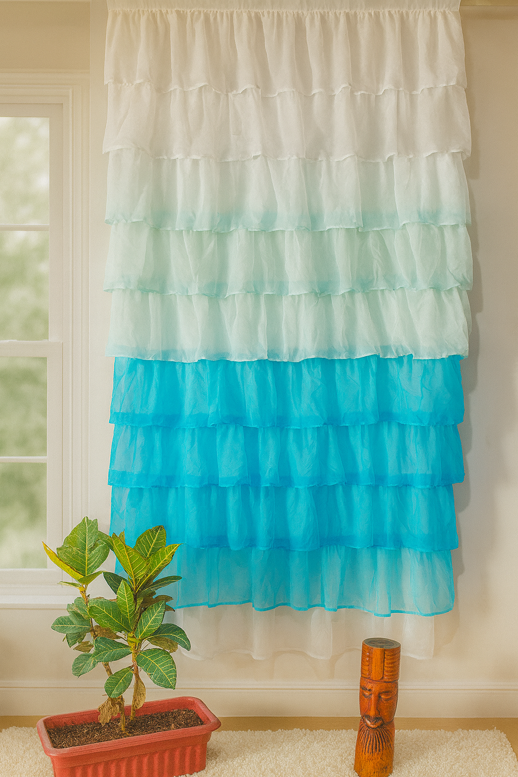 White and Blue Layered Sheer Window Curtain with Soft Gradient Look Secondary image