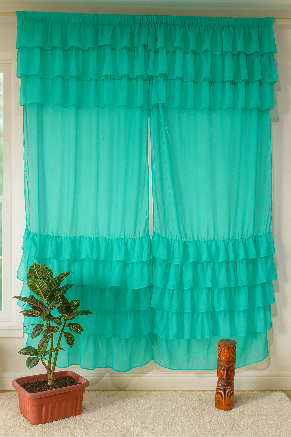 Solid Green Sheer Window Curtain with Layered Ruffle Borders