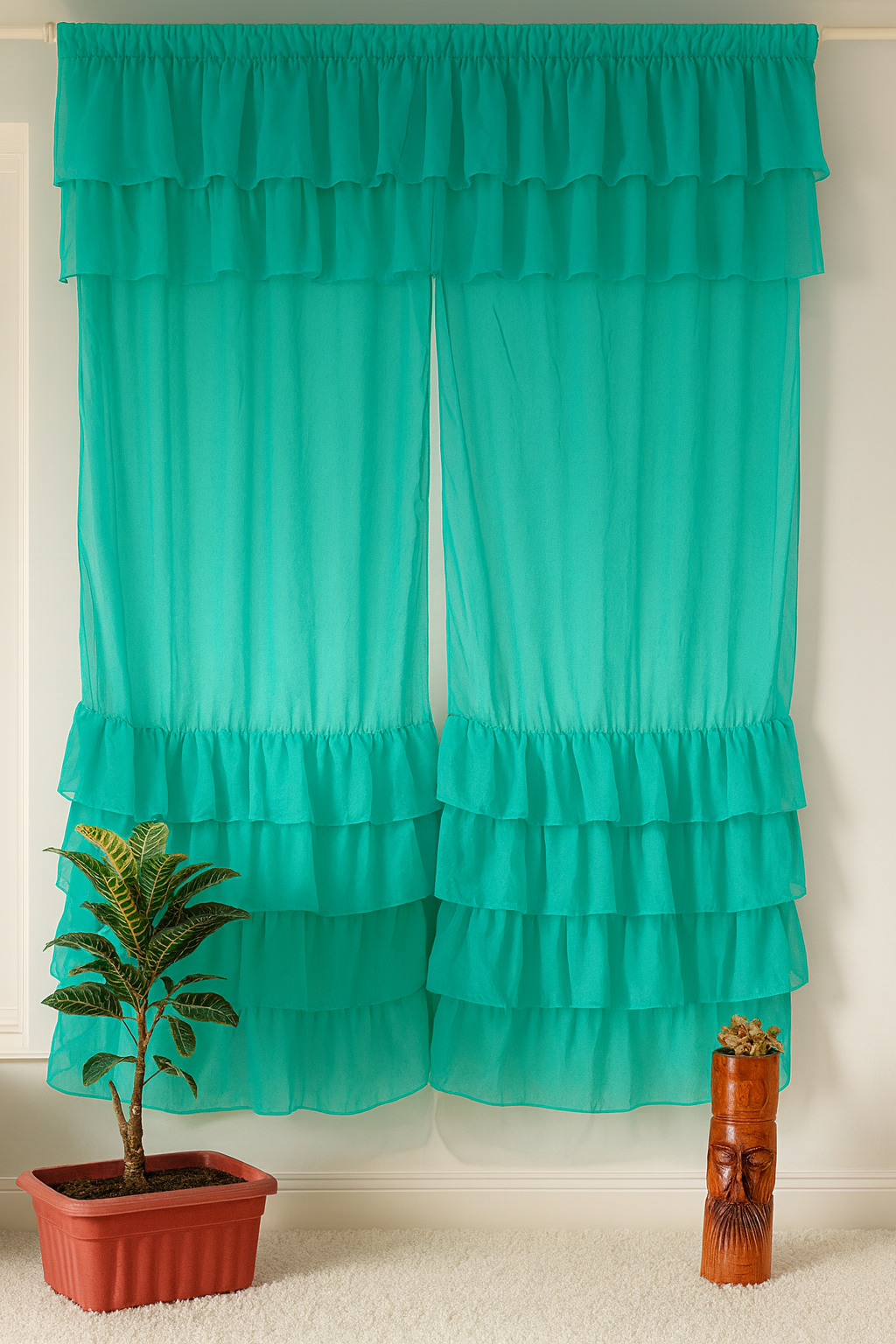 Solid Green Sheer Window Curtain with Layered Ruffle Borders