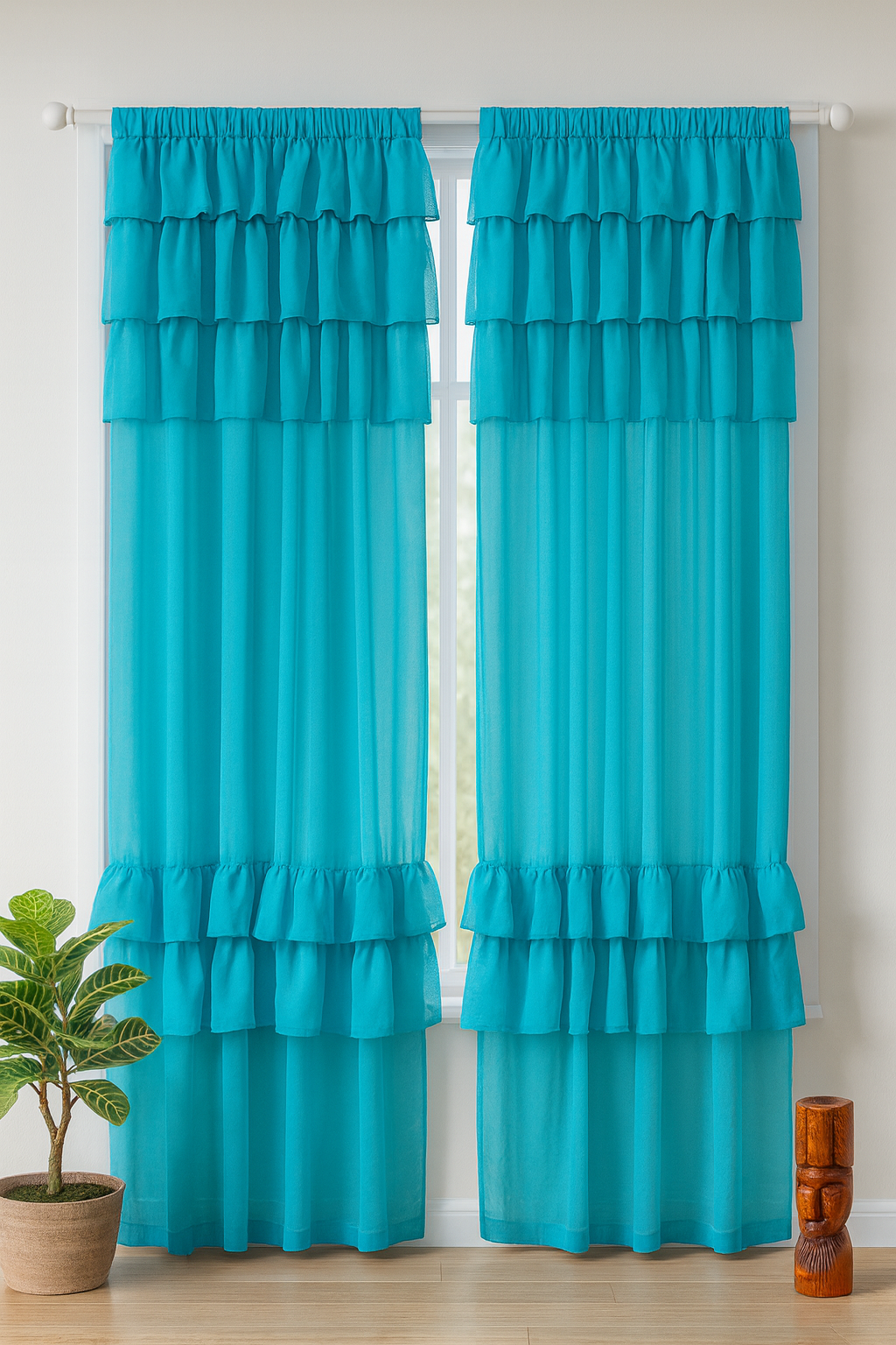 Bright Blue Solid Curtain with Layered Ruffle Design