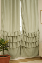 Soft Sage Green Sheer Window Curtains with Layered Ruffle Detail
