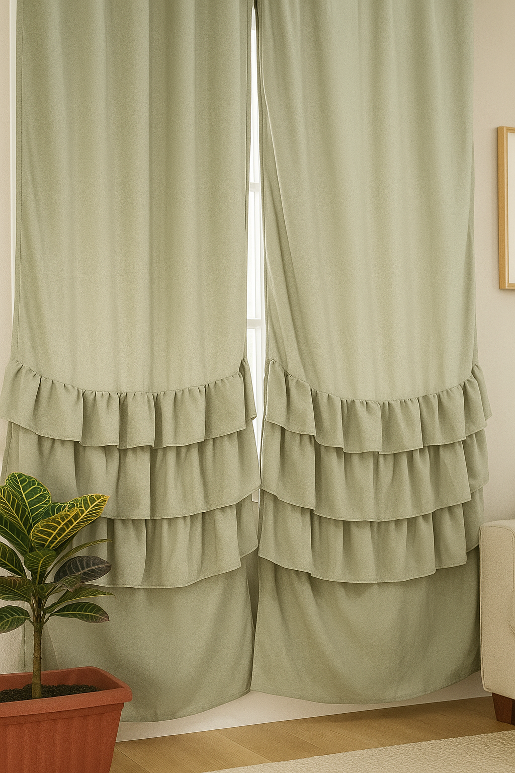 Soft Sage Green Sheer Window Curtains with Layered Ruffle Detail