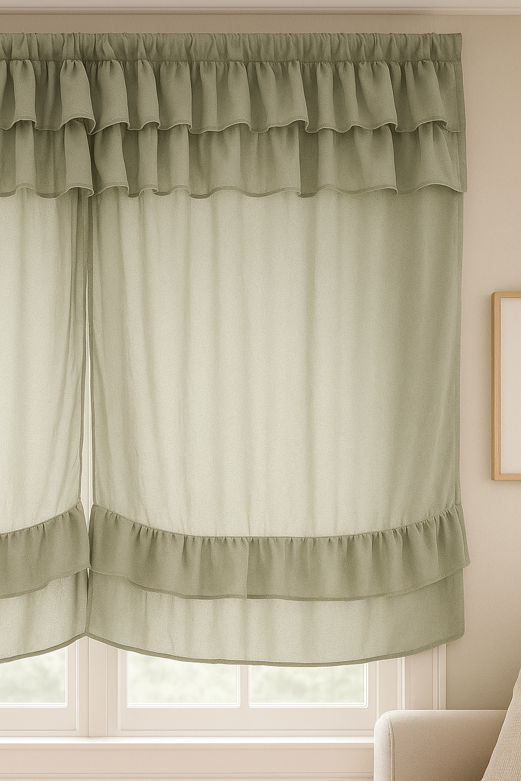 Soft Sage Green Sheer Window Curtains with Layered Ruffle Detail