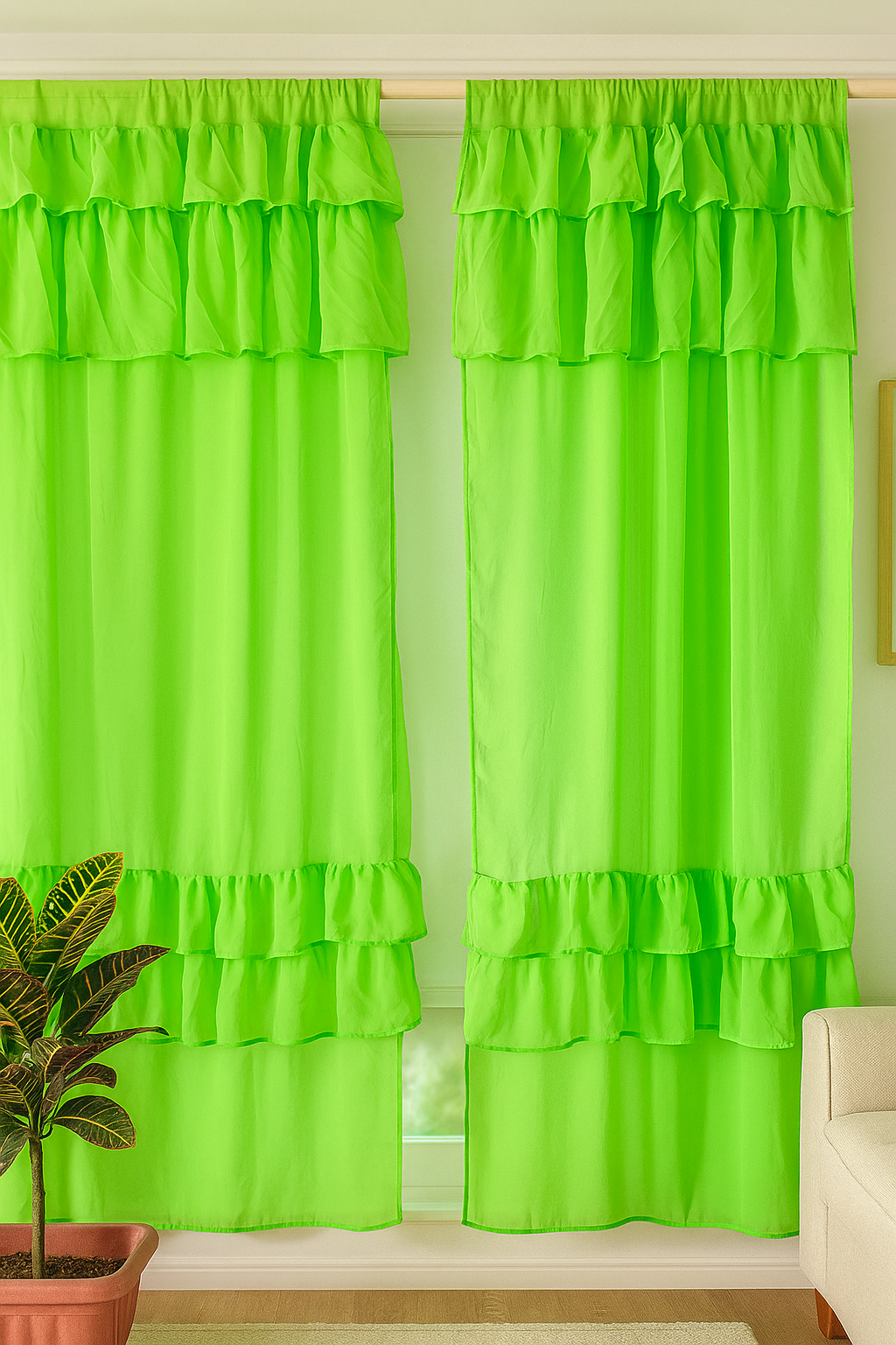 Bright Green Sheer Window Curtains with Layered Ruffle Panels