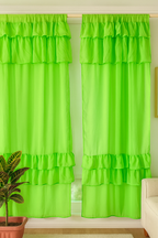 Bright Green Sheer Window Curtains with Layered Ruffle Panels