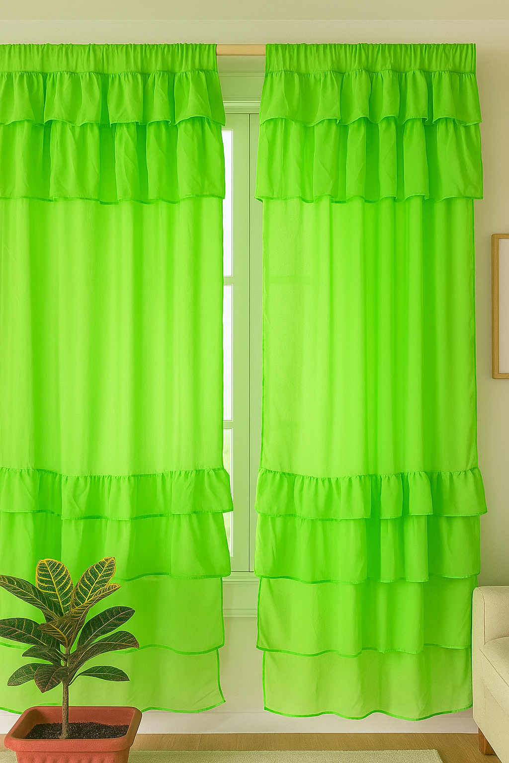 Bright Green Sheer Window Curtains with Layered Ruffle Panels Secondary image