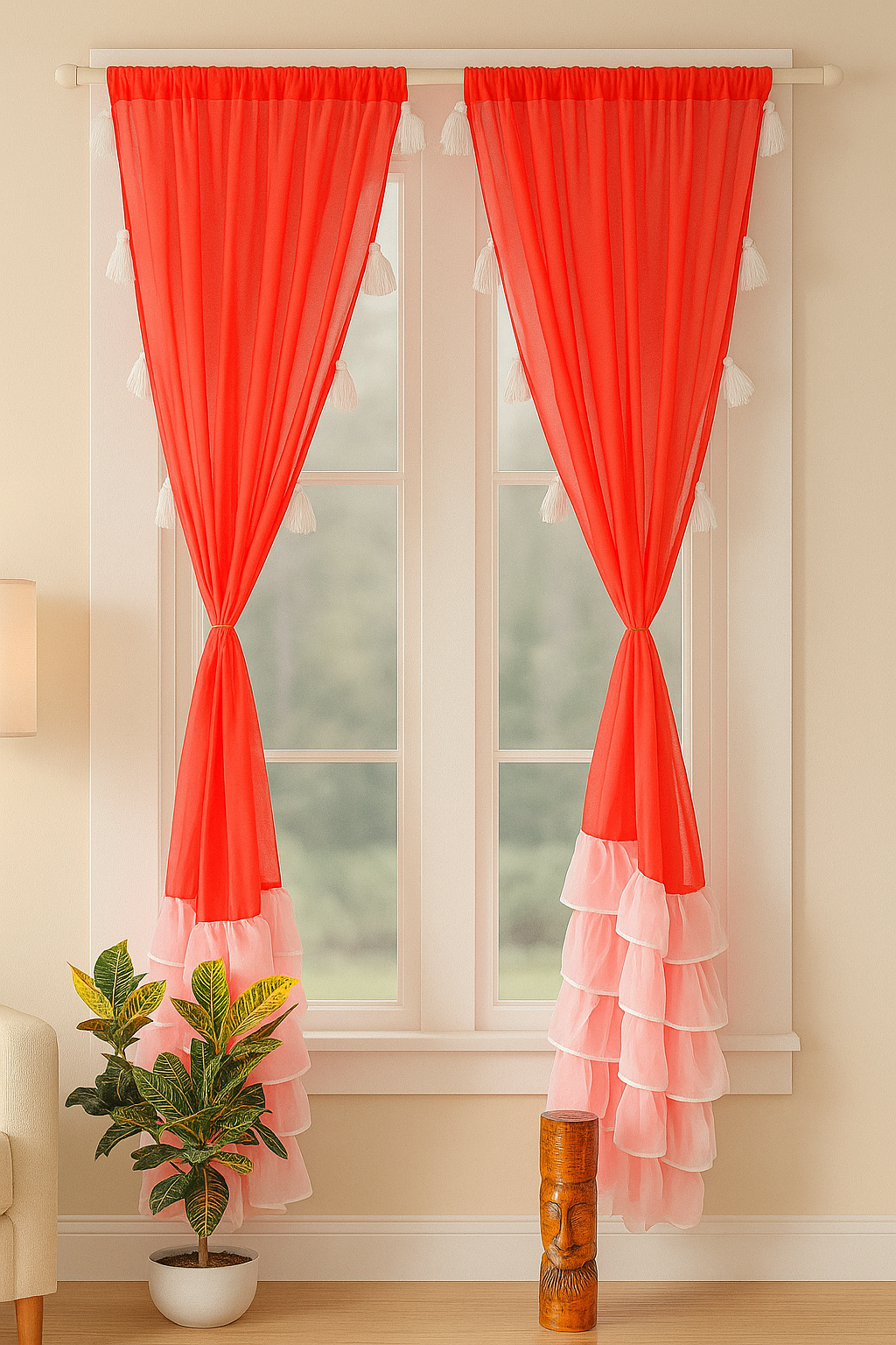 Sheer Red Curtains with White Tassels and Layered Border