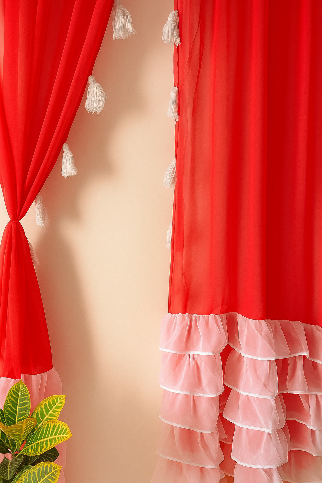 Sheer Red Curtains with White Tassels and Layered Border