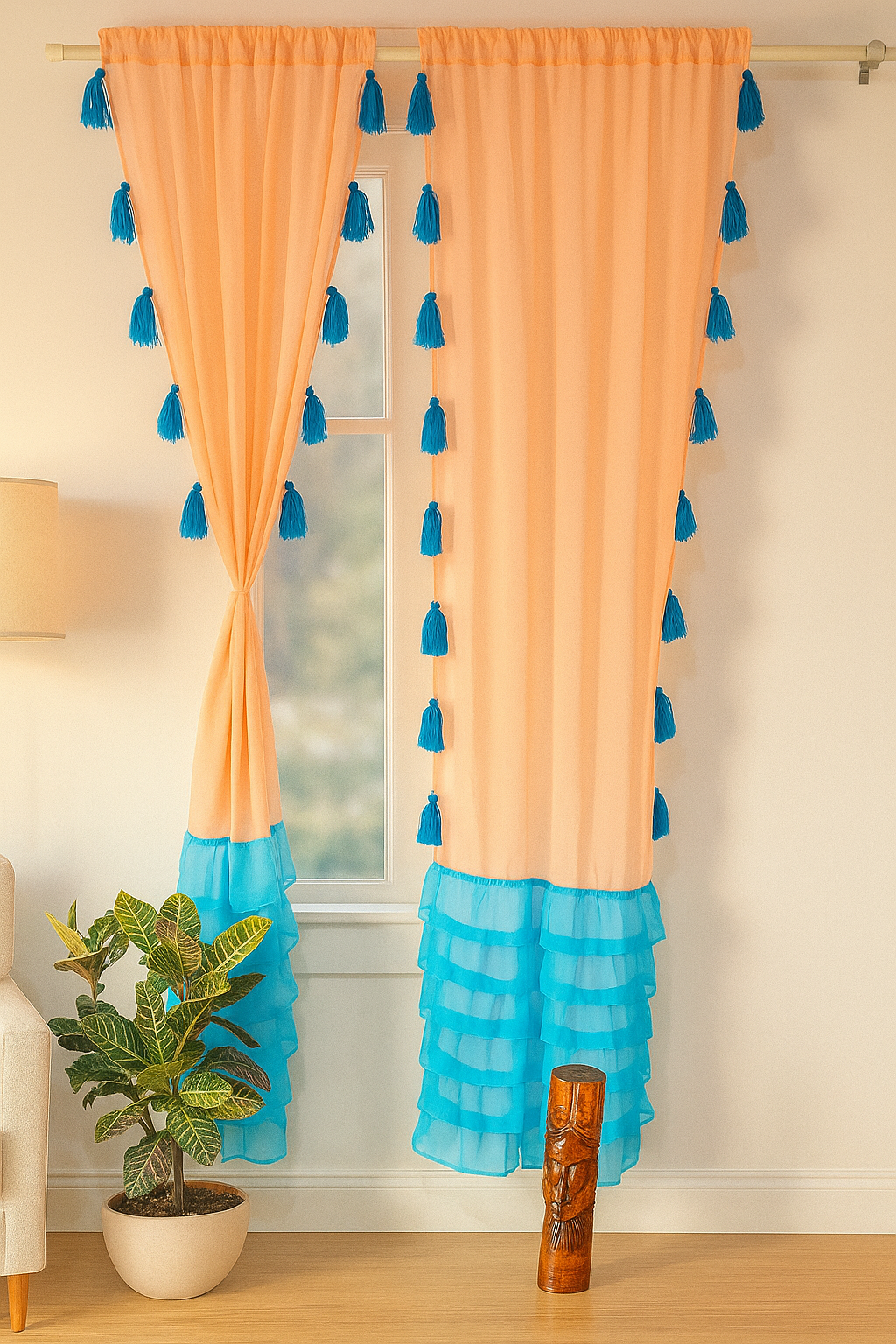 Peach Sheer Curtains with Blue Tassel Accents Secondary image