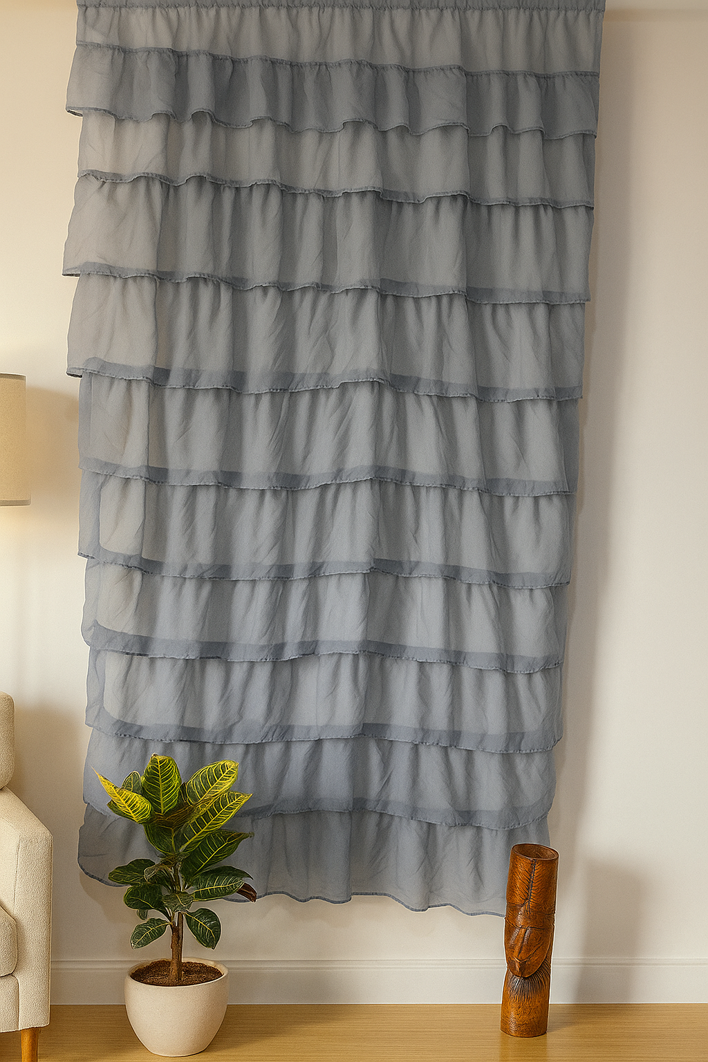 Grey Sheer Curtains with Layered Ruffle Design Main image