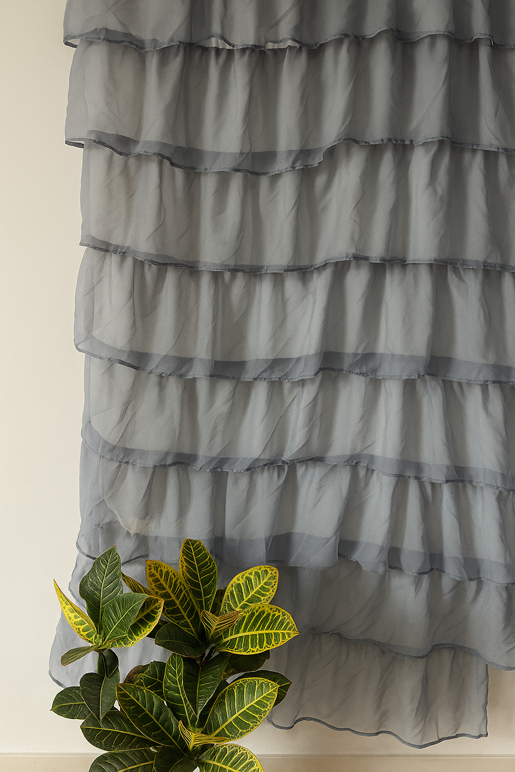 Grey Sheer Curtains with Layered Ruffle Design