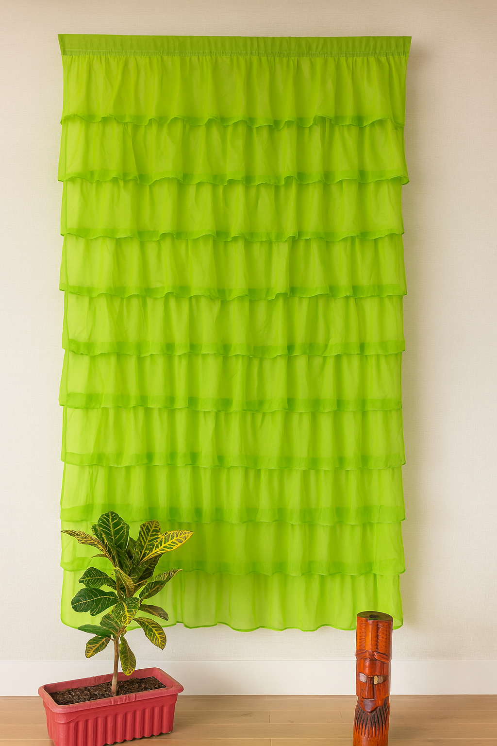Bright Green Sheer Curtain with Layered Ruffle Design