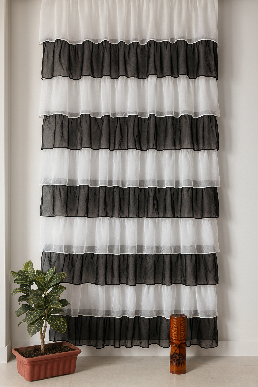 Black and White Sheer Curtains with Layered Ruffles