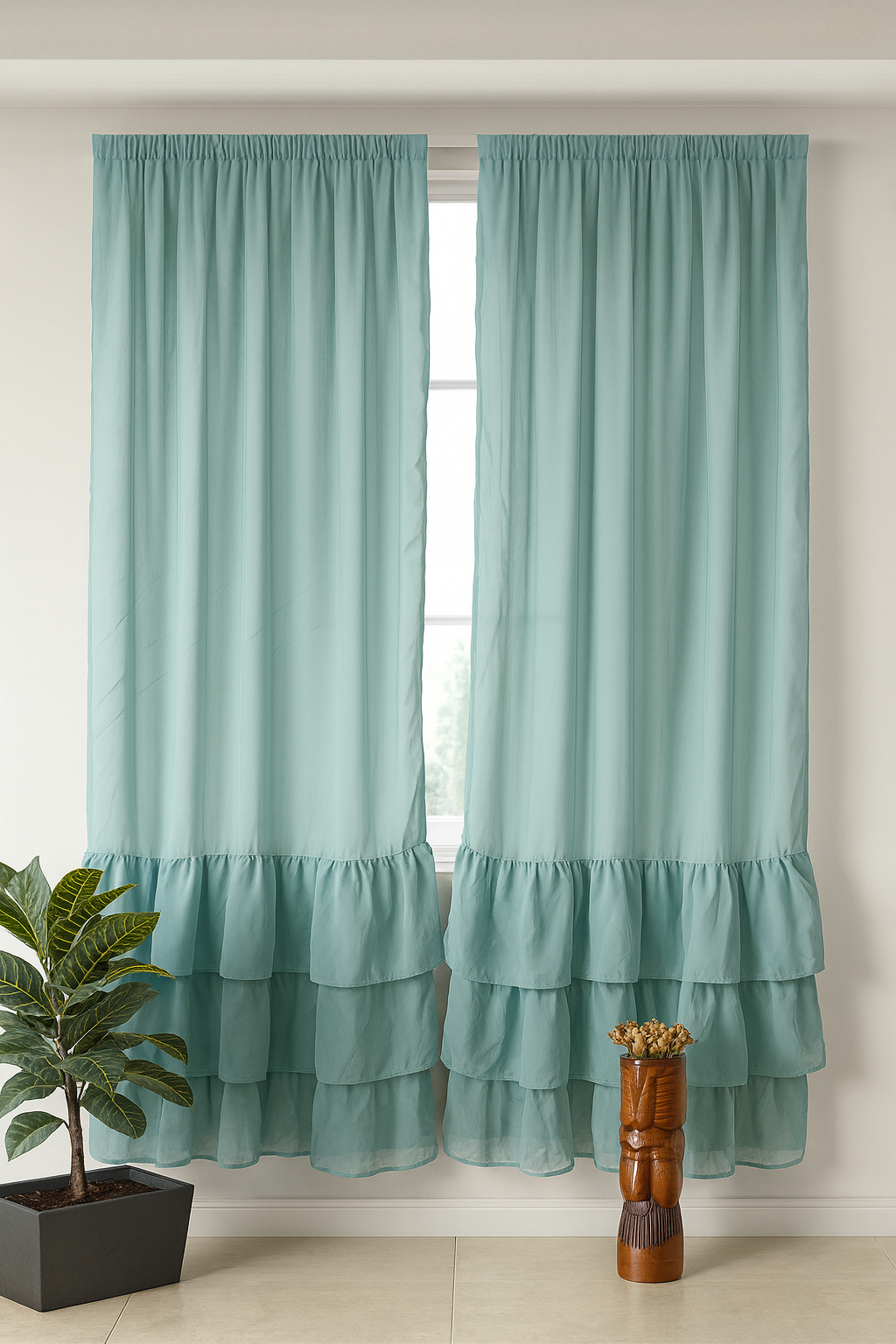 Soft Green Curtains with Layered Ruffle Bottom Main image