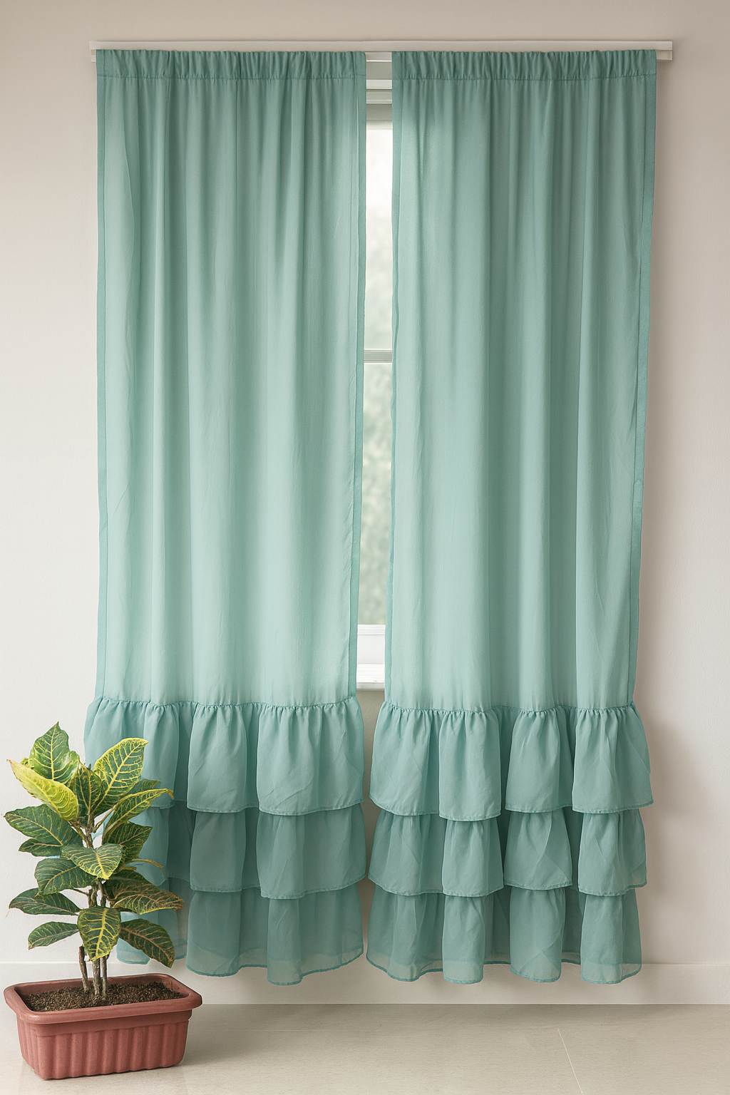 Soft Green Curtains with Layered Ruffle Bottom