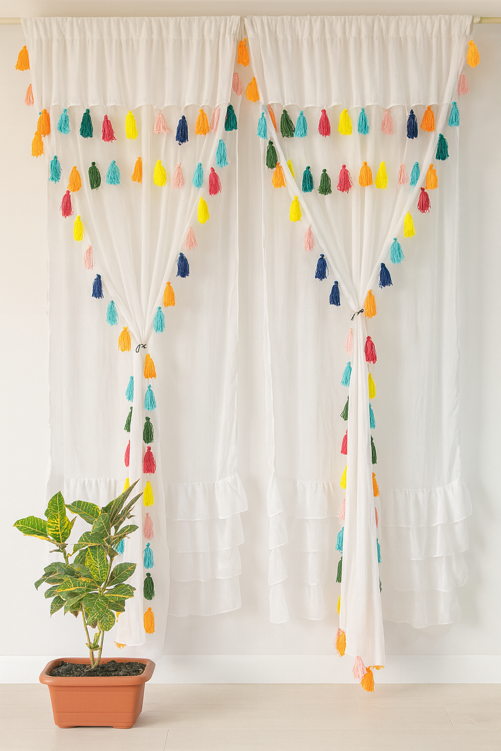 White Sheer Curtains with Colorful Tassel Details