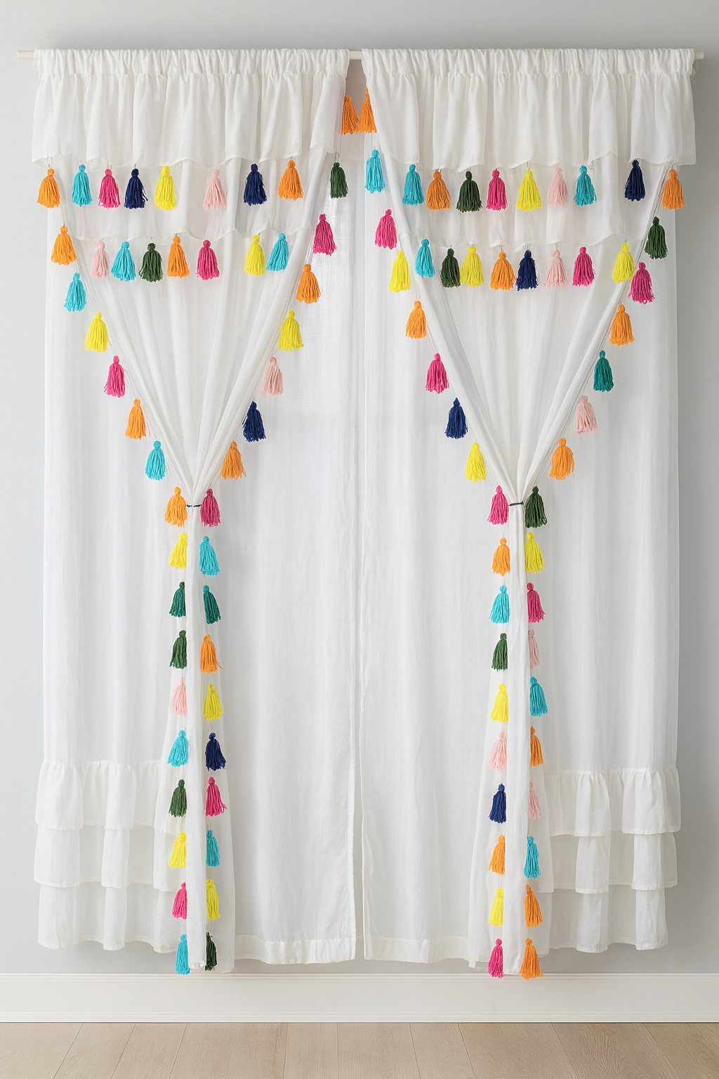 White Sheer Curtains with Colorful Tassel Details