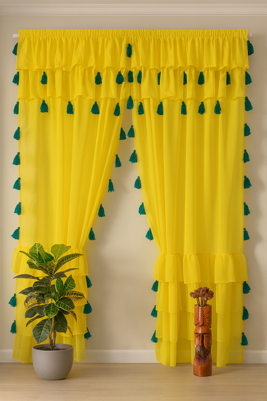 Yellow Sheer Curtain with Green Tassel Detailing