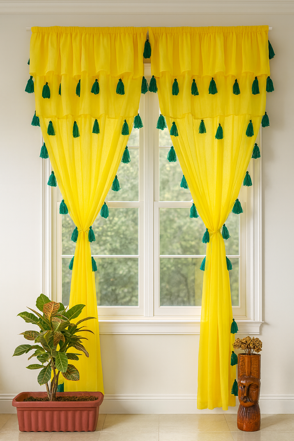 Yellow Sheer Curtain with Green Tassel Detailing
