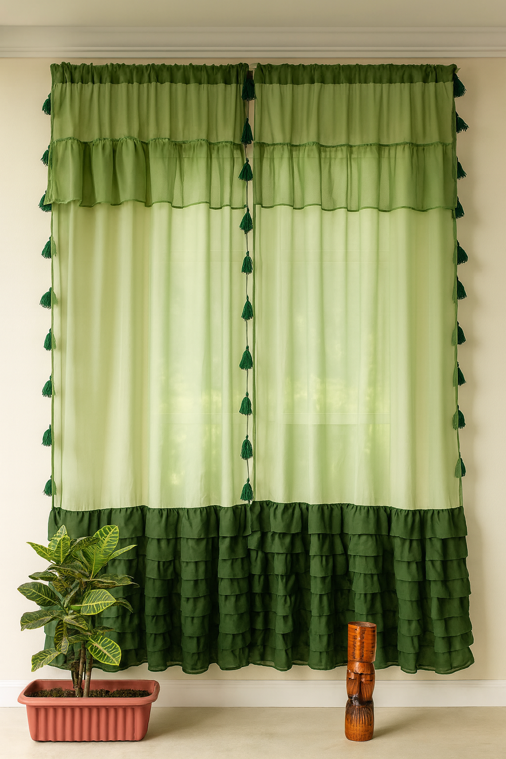 Light Green Sheer Curtain with Dark Green Ruffle Border and Tassels Main image
