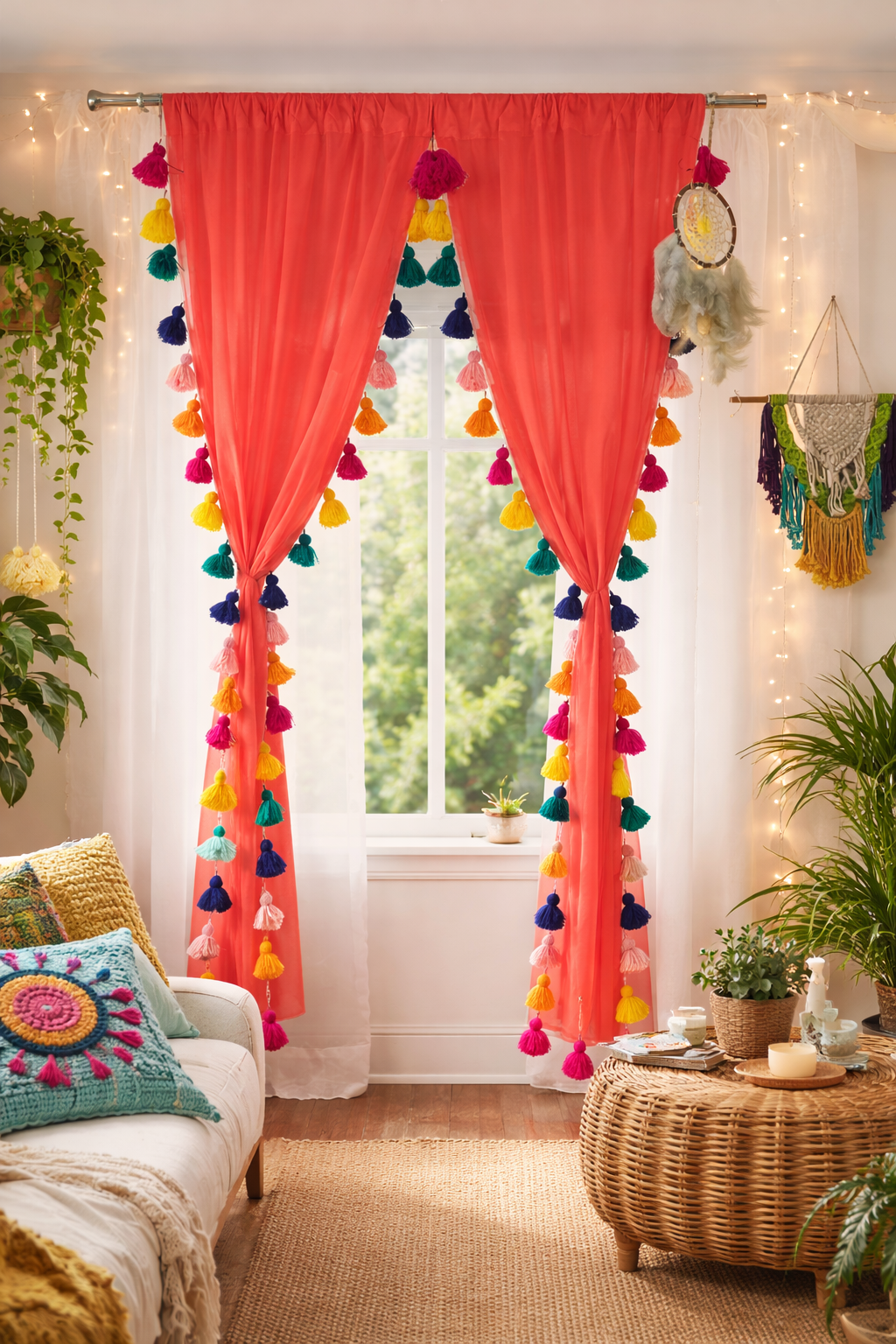 Coral Sheer Curtain with Multicolor Tassel Edges
