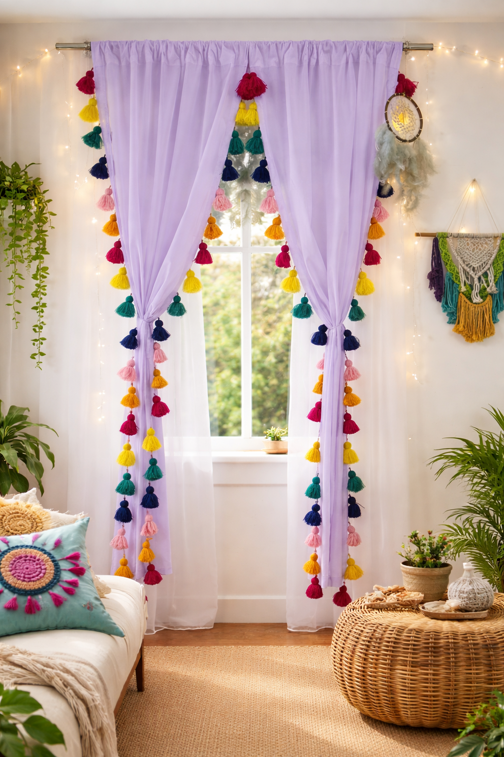 Lavender Sheer Curtain with Multicolor Tassel Edges Main image