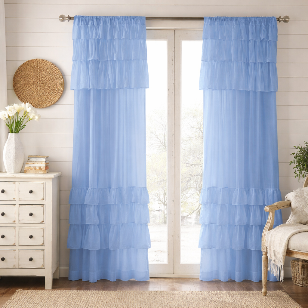 Soft Blue Sheer Curtains with Layered Ruffle Detail