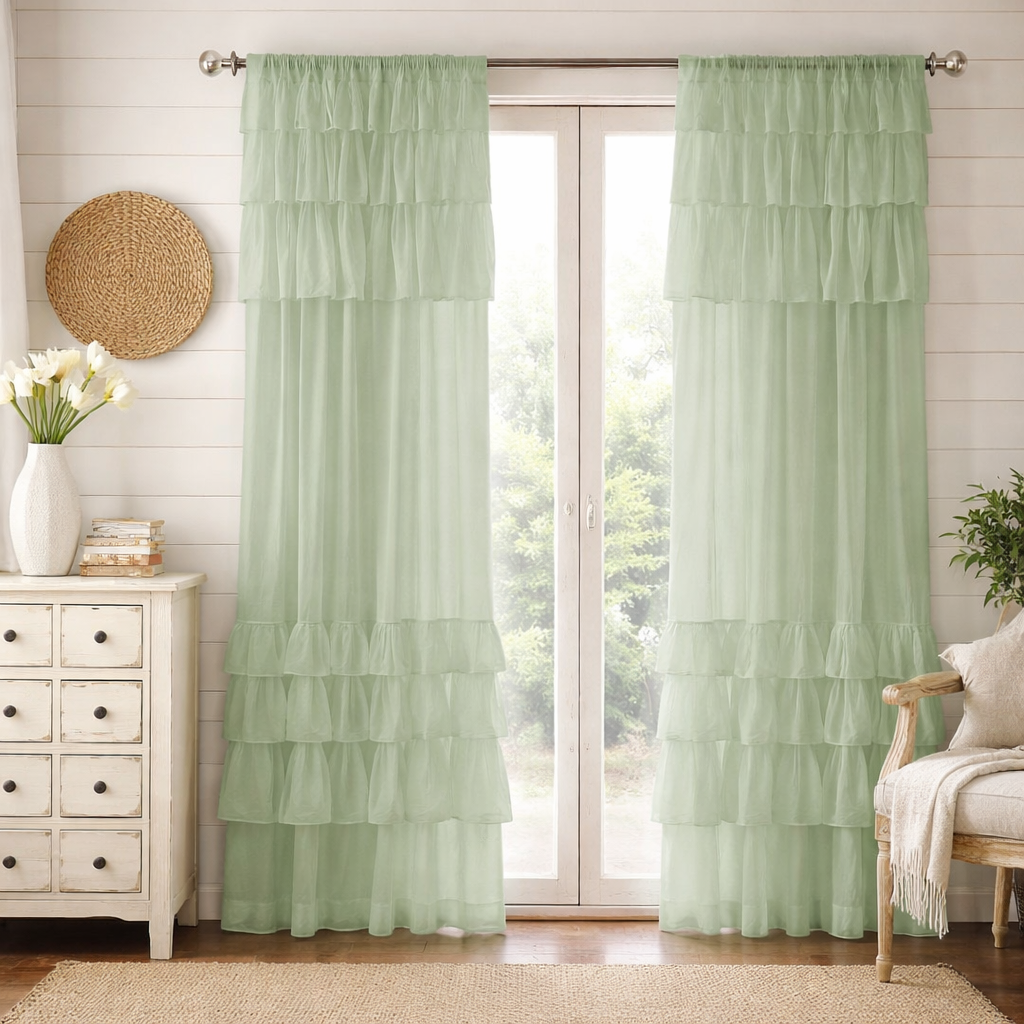 Light Green Sheer Curtains with Layered Ruffle Design Main image