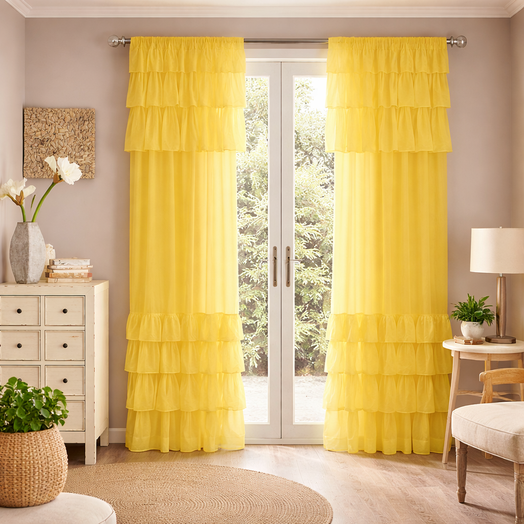 Bright Yellow Sheer Curtains with Layered Ruffle Detail