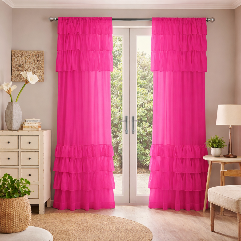 Bright Pink Sheer Curtains with Layered Ruffle Panels