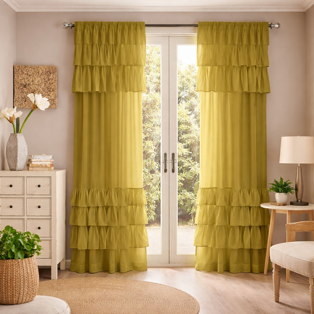 Olive Green Sheer Curtains with Layered Ruffle Panels Main image