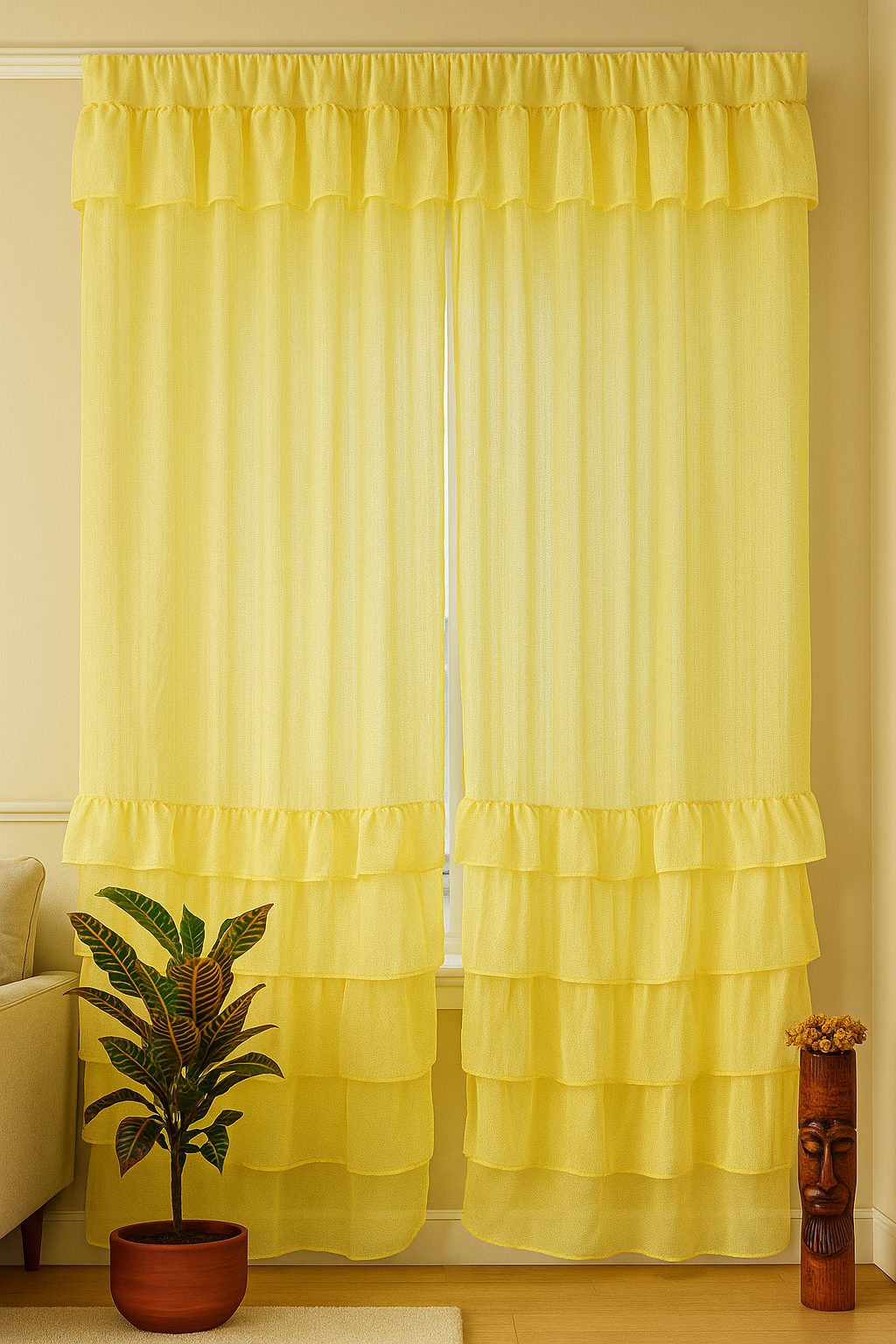 Yellow Sheer Window Curtain with Soft Layered Ruffle Panels
