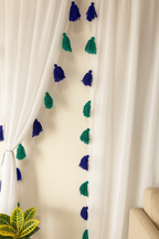 White Sheer Curtains with Blue and Green Tassels